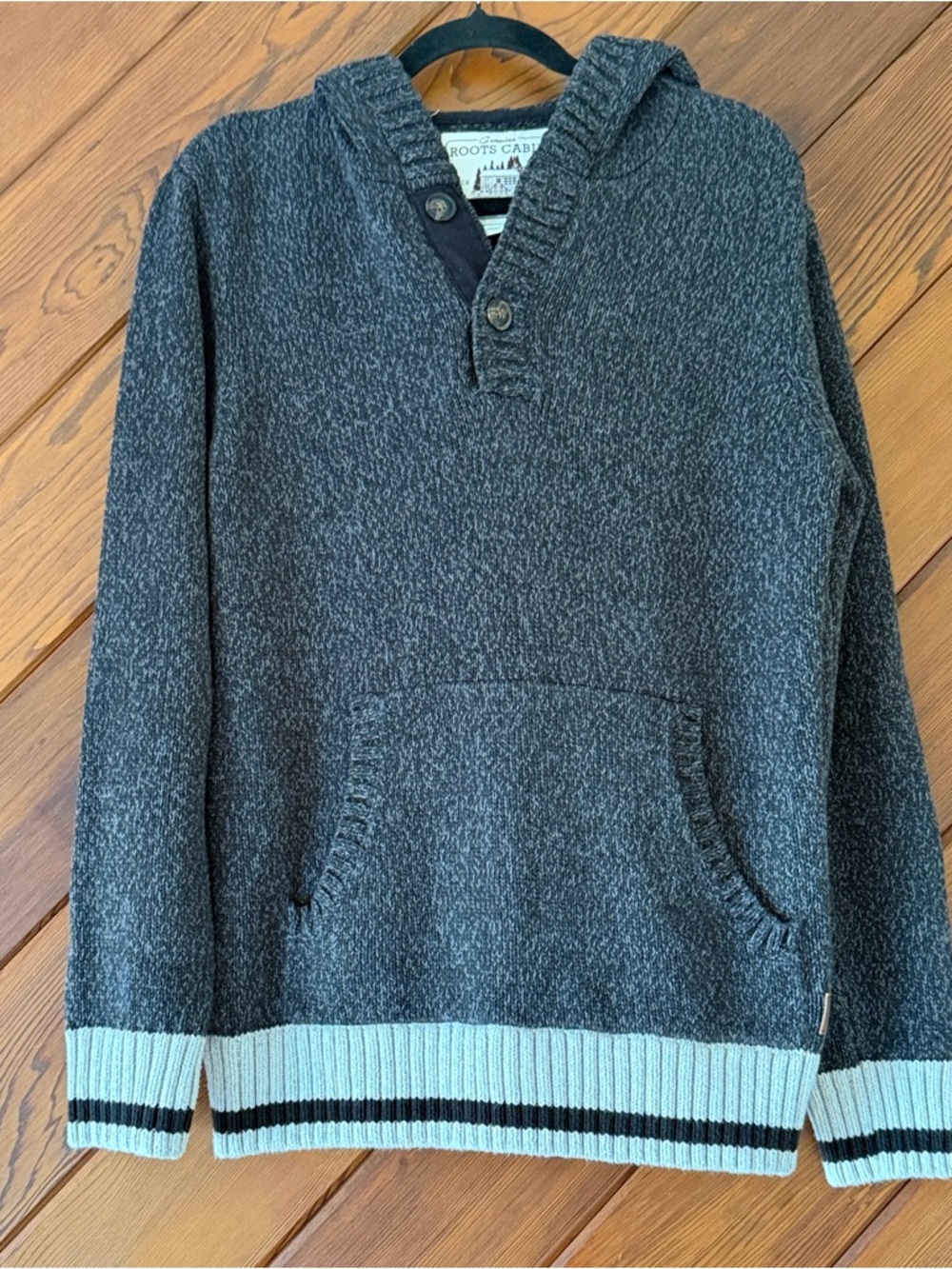 Roots Cabin Canada Hooded Henley Sweater Medium Gray Marled Striped Hem